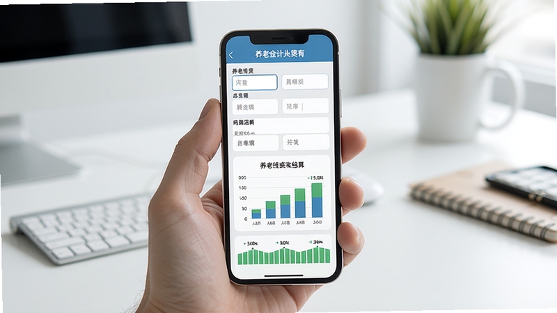 一幅展示智能手机屏幕上的养老金计算器应用界面的高清图片,屏幕内显示各类输入框和养老金估算结果图表,背景为简洁的办公室桌面,画面主体居中,光线明亮柔和,整体风格现代清爽,突出软件核心功能,图片比例为16:9,细节丰富