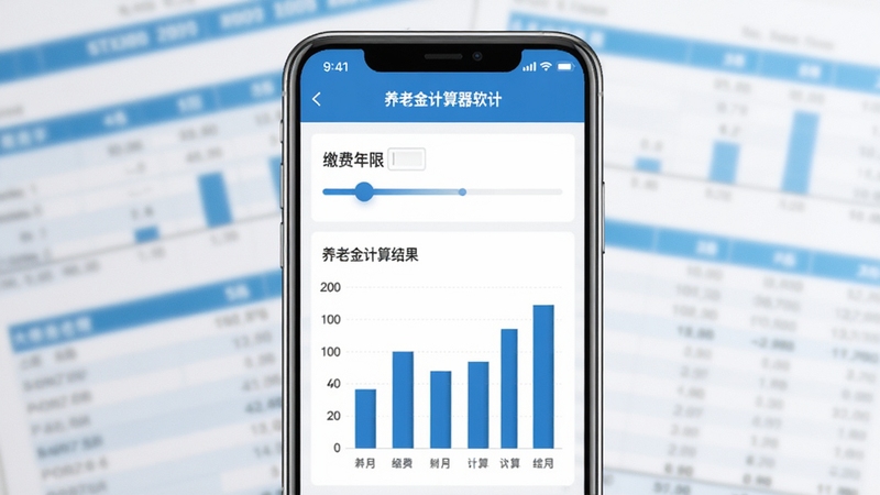 展示养老金计算器软件在手机屏幕上运行的截图风格画面,界面显示缴费年限输入滑块和养老金计算结果柱状图,背景为模糊的财务报表,主体居中,采用蓝白配色,画面清晰干净,突出软件专业感