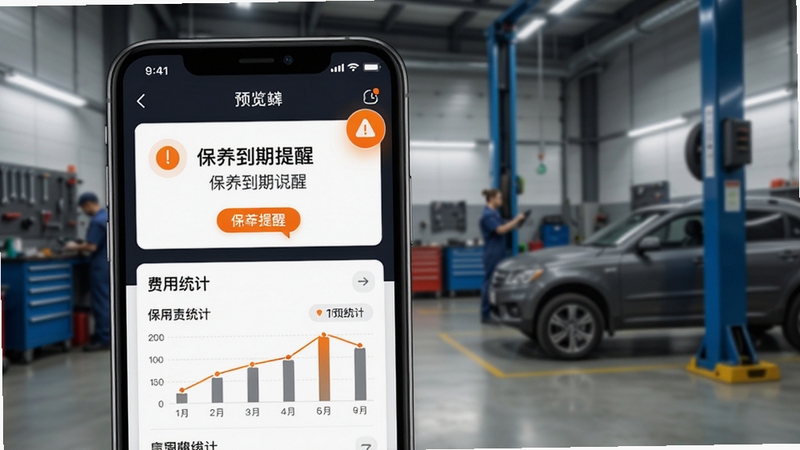 一键管车维保提醒功能预览图,画面主体为手机界面展示保养到期提醒卡片与费用统计图表,背景为维修车间场景,突出数据列表与橙色提醒标识,风格写实