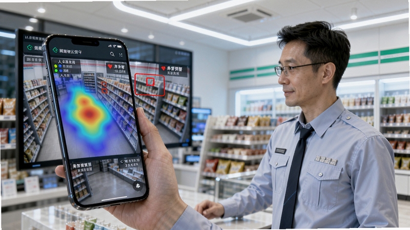 街顺智能云值守功能示意图,画面展示一名管理人员在手机端查看实时监控画面,监控画面中标注出人流热力图与异常预警红框,背景为现代便利店内部,光线明亮,科技感十足,写实风格,高清画质
