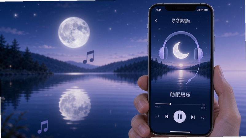 寻念冥想放松功能预览,展示手机播放舒缓音乐的界面,画面中有宁静的湖泊与月光,耳机与月亮图标点缀其间,配色以深蓝与浅紫为主,营造静谧安详的氛围,强调助眠与减压的效果。