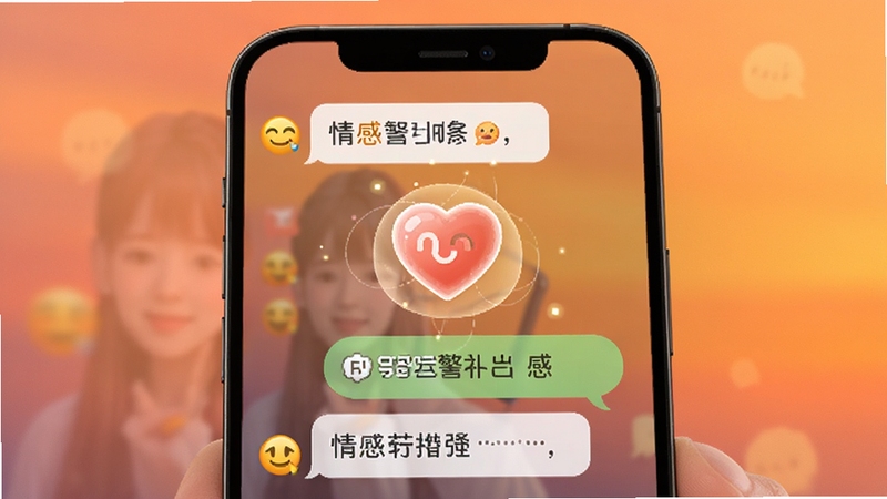 寻念智能对话引擎功能示意图,展示手机屏幕上丰富的对话内容,包含表情符号与体贴的文字回复,背景采用模糊的暖色渐变,画面中央有一个发光的心形图标,象征情感连接,整体设计简洁明了,突出AI对话的智能与温情。