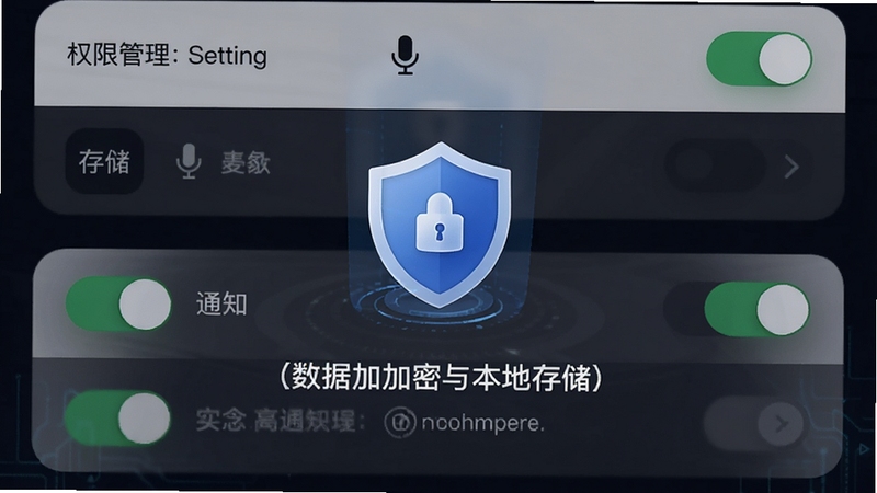 寻念隐私保护界面示意图,展示手机设置页面中关于权限管理的选项,包括存储、麦克风、通知等开关,背景为深色,中心位置有一个盾牌图标,文字强调数据加密与本地存储,整体风格简洁、专业,传递安全感。