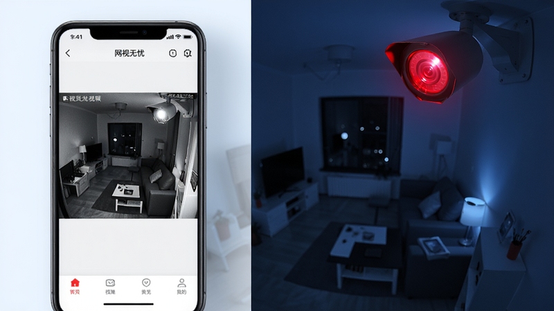 网视无忧高清视频预览功能展示图,画面左侧为手机APP界面,右侧背景为室内夜晚监控场景,摄像头红外灯亮起,手机屏幕中显示黑白夜视画面,细节清晰,色调偏冷,体现夜视与高清传输能力
