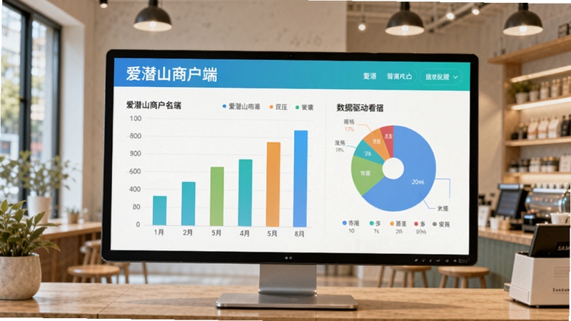 爱潜山商户端数据看板图表展示,背景为店铺内景,屏幕上是柱状图与饼状图数据,色彩明快,体现数据驱动经营的理念,画面有爱潜山商户端产品名称