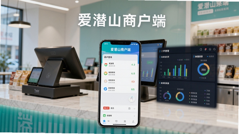 爱潜山商户端软件主界面展示,背景为现代商铺收银台,前景是手机屏幕清晰显示订单管理与数据图表,整体色调明亮,突出便捷高效的移动办公场景,画面中心为软件名称爱潜山商户端