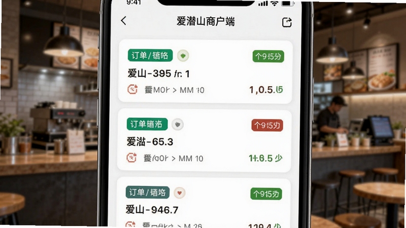爱潜山商户端订单管理界面截图风格,手机屏幕上显示多笔订单卡片,状态标签醒目,背景为模糊的餐饮店铺内景,突出实时高效处理订单的场景,画面包含爱潜山商户端字样