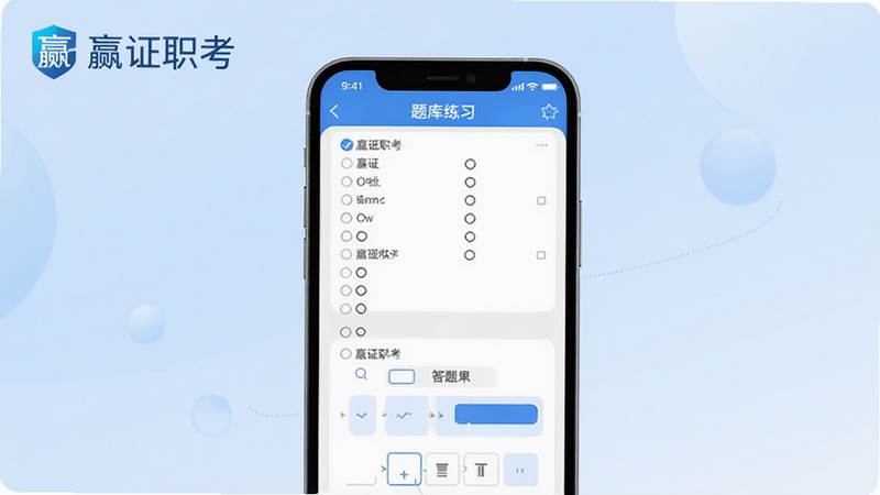 嬴证职考软件主界面预览图,画面中央为手机屏幕展示题库练习页面,屏幕内显示选择题与答题卡,背景为浅蓝色渐变,左上角有嬴证职考Logo,整体风格简洁明亮,突出学习与高效氛围