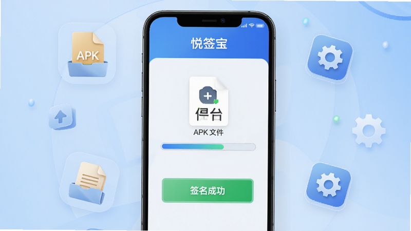 悦签宝签名功能操作界面,手机屏幕显示悦签宝正在对APK文件进行签名,界面有进度条和“签名成功”的绿色提示,周围有文件图标和齿轮图标装饰,背景为浅蓝色渐变,整体风格科技感强,突出高效与专业。