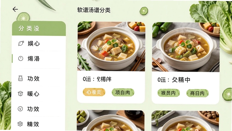 健康煲汤100道软件汤谱分类页面截图,左侧为分类列表,右侧展示对应汤品卡片,卡片上有汤品照片、名称和功效标签,背景为淡绿色蔬菜图案,整体风格干净简约,色彩柔和,突出食材新鲜感,适合功能展示图