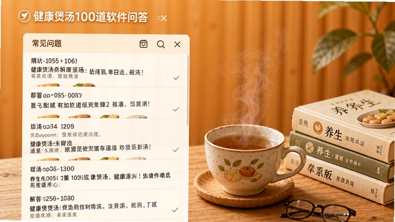 健康煲汤100道软件问答页面截图,页面展示常见问题列表和解答,背景为温暖的橙色色调,旁边放着一杯热茶和几本养生书籍,画面温馨,适合帮助中心展示