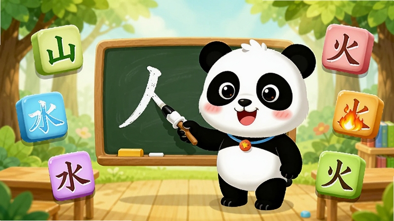 一幅色彩温馨的儿童教育软件主界面预览图,画面中央是可爱的卡通熊猫老师正在黑板前教写汉字“人”,四周悬浮着带有“山”、“水”、“火”等汉字的彩色方块,背景是明亮的森林教室场景,整体风格活泼可爱,画质清晰,突出双捷儿童识字软件的教学互动氛围