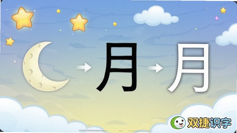 双捷儿童识字软件内嵌的汉字演变动画截图,画面展示“月”字从一弯新月图形逐步演变为现代汉字的过程,背景有闪烁的星星和云朵,卡通风格,色彩柔和,画面右下角有“双捷识字”的Logo水印,风格与儿童教育软件一致