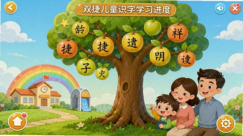 双捷儿童识字软件学习进度界面,画面展示一棵成长中的智慧树,树枝上挂满了已经学会的汉字果实,树旁有小朋友和家长的卡通形象,远处是彩虹和学校,画面明亮,充满成就感,风格温馨,体现分龄课程与成长记录功能