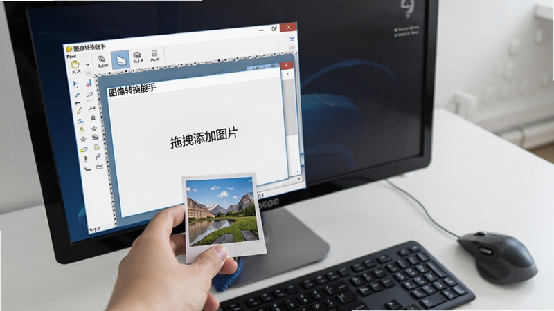图像转换能手拖拽操作演示,一只手将一张图片文件拖到电脑屏幕上软件窗口中,窗口显示“拖拽添加图片”提示,背景为办公桌面,有键盘和鼠标,风格写实,突出软件名称“图像转换能手”的易用性