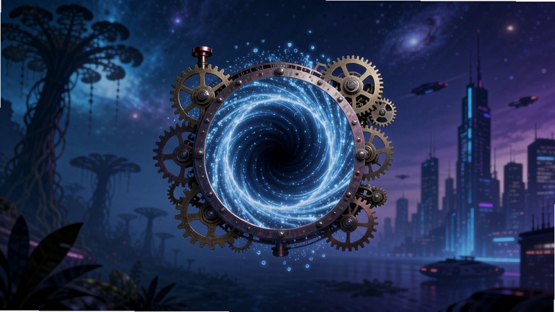 时光穿梭屏保全貌预览图,画面中央是一个发光的蓝色粒子虫洞悬浮在深邃的宇宙背景中,虫洞边缘环绕着蒸汽朋克风格的齿轮与发条,背景右侧是朦胧的赛博都市剪影,左侧是远古巨型植物的轮廓,整体色调为蓝紫渐变,光影细腻,分辨率极高,凸显时光穿梭屏保的科幻与怀旧融合氛围