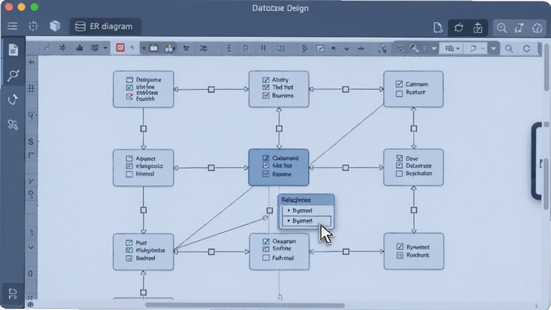 database design companion ER diagram editing interface, close-up on a canvas with multiple entity boxes connected by relationship lines, user's cursor dragging a new field, soft blue UI theme, modern desktop software screenshot style, clear readable labels