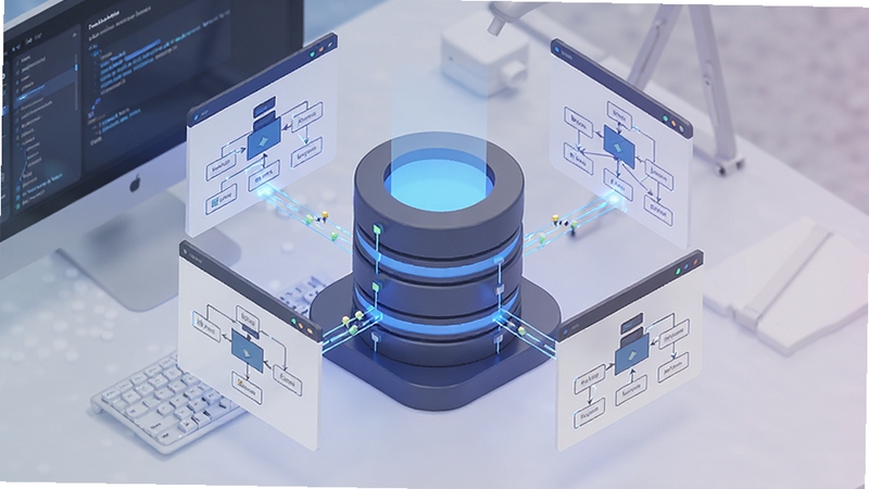 database design companion software overview, 3D isometric illustration showing a large central database cylinder surrounded by floating entity-relationship diagram panels, connected by glowing blue lines, clean modern workspace background with soft gradient, high detail, professional software promotional style