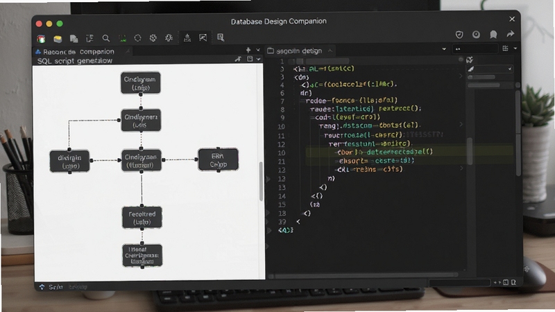 database design companion SQL script generation window, showing a split view with ER diagram on the left and highlighted SQL code on the right, dark editor theme with colorful syntax highlighting, professional developer tool atmosphere