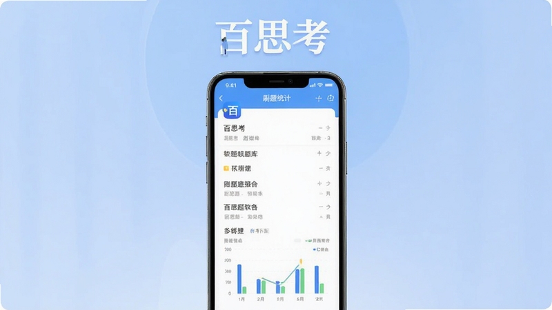 百思考主界面展示,画面中央是手机屏幕,屏幕上显示百思考软件的题库列表和刷题统计图表,背景为淡蓝色渐变,突出软件名称“百思考”,整体风格简洁明亮,适配Boogu模型生成