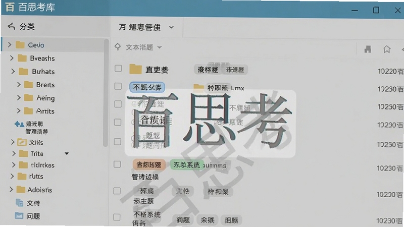 百思考题库管理界面截图,展示文件夹分类和标签系统,左侧为分类导航,右侧是题目列表,画面包含“百思考”软件名称水印,设计风格扁平化,背景浅灰,适合AI生成