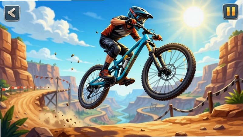 Bike Jump游戏主界面预览图,画面中央是一辆山地自行车腾空跃起,背景是壮丽的峡谷赛道,蓝天白云,阳光明媚,整体风格鲜艳明快,细节丰富,适合作为游戏宣传图