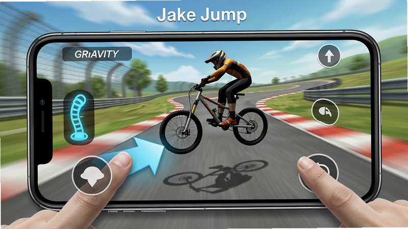 Bike Jump游戏操作演示图,手指在手机屏幕上滑动控制自行车空中姿态,屏幕显示重力感应和触控按钮,背景是动态模糊的赛道,强调操作精准与物理反馈
