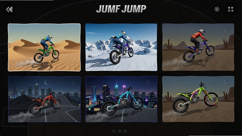 Bike Jump赛道选择界面截图,展示不同地貌的赛道缩略图,有沙漠、雪山、城市夜景,赛车涂装多彩,界面简洁,突出内容丰富性