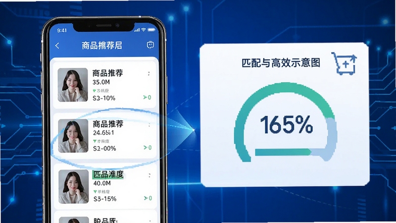 脱手网买家匹配功能示意图,手机界面展示商品推荐列表和匹配度百分比,背景为蓝色科技风格,强调精准与高效