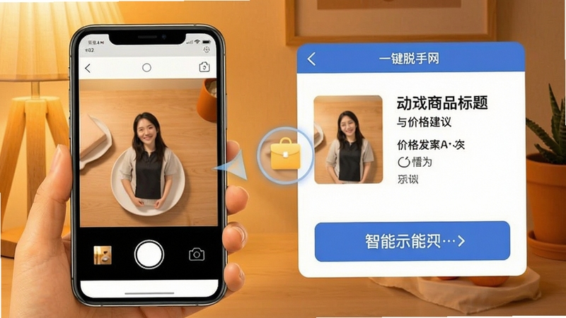 脱手网一键发布功能示意图,手机界面显示拍照界面和自动生成的商品标题与价格建议,背景为暖色调,突出快捷与智能