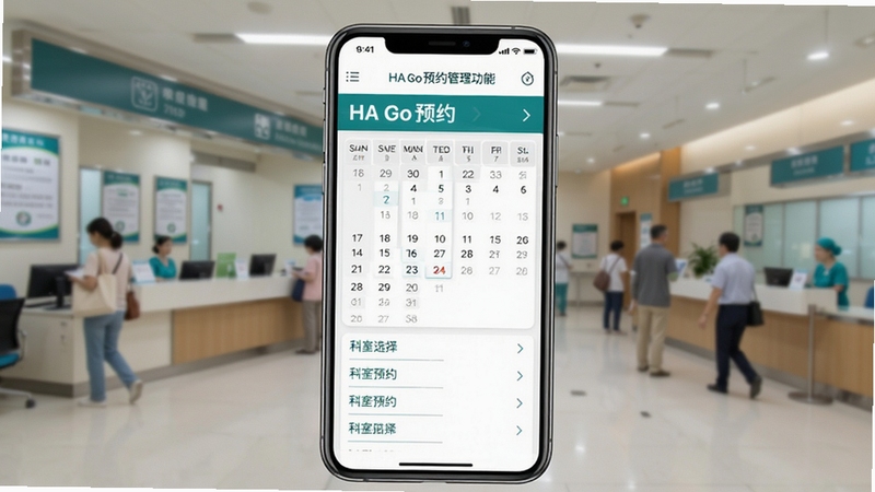 HA Go预约管理功能界面截图,手机屏幕显示医院门诊预约日历和科室选择列表,背景为香港医院门诊大厅,画面包含清晰的预约步骤指引,风格简洁现代,突出实用功能