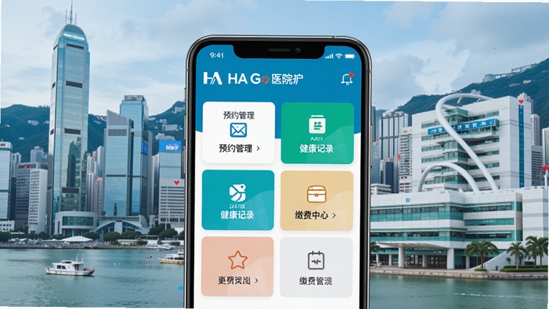 HA Go应用主界面预览图,展示香港医院管理局官方医疗应用的整体界面设计,包含预约管理、健康记录、缴费中心等核心功能模块,背景为香港现代城市景观与医疗建筑,画面主体突出手机屏幕中的APP界面,风格写实清晰,色彩明亮,符合医疗科技感