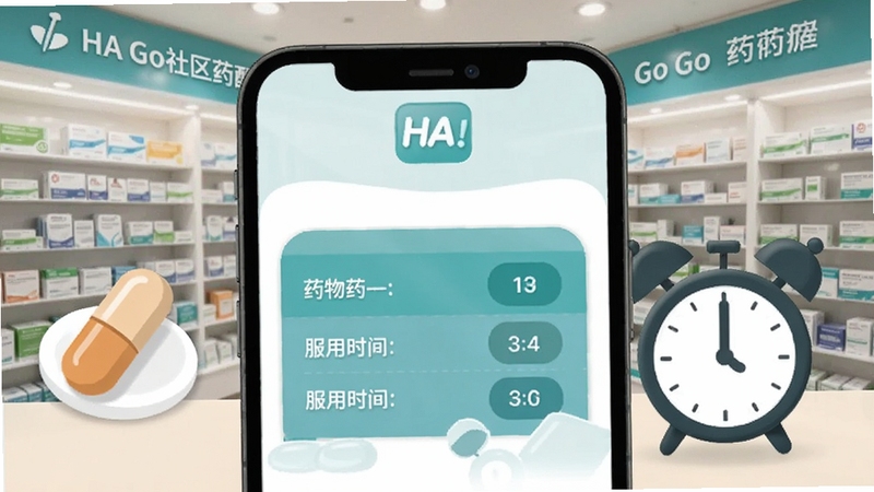 HA Go药物提醒功能界面,手机屏幕显示药物名称和服用时间表,背景为香港社区药房,画面包含药丸图标和闹钟元素,风格清晰友好,突出健康管理主题