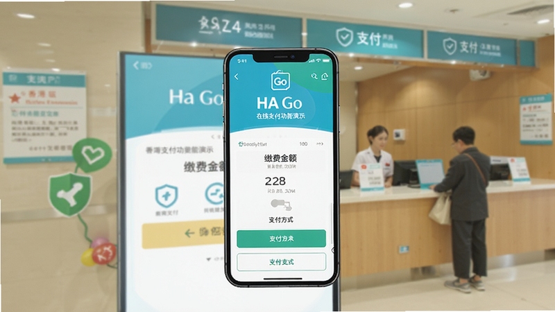 HA Go在线支付功能演示,手机屏幕显示缴费金额和支付方式选项,背景为香港医院收费处,画面突出安全支付标识,风格现代,色彩明快