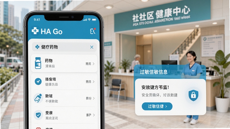 HA Go个人健康记录功能展示,手机界面显示药物列表和过敏信息卡片,背景为香港社区健康中心,画面强调医疗数据的安全与便捷性,风格专业且具有亲和力