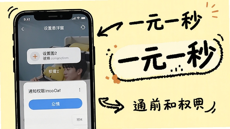 一元一秒软件使用教程示意图,手机屏幕展示设置悬浮窗和通知权限的界面,旁边有文字标注,背景为浅黄色,配有箭头指示,风格为手绘涂鸦风,强调“一元一秒”使用的关键步骤。