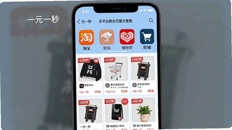 一元一秒多平台聚合页面示意图,手机界面中横向排列淘宝、京东、拼多多等图标,下方为瀑布流商品卡片,每张卡片带有折扣标签和倒计时,背景为浅蓝色,整体风格清爽,强调“一元一秒”软件整合多平台资源的能力。