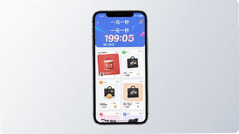 一元一秒软件主界面预览图,展示倒计时秒杀列表与商品卡片,背景为浅灰渐变,中央突出手机屏幕,屏幕内显示多个促销商品和倒计时数字,整体风格现代简洁,色彩明亮,突出“一元一秒”品牌标识。