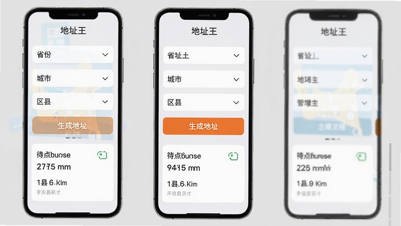 地址王一键生成地址功能展示图,画面中显示手机应用界面,包含省份、城市、区县的选择下拉菜单,以及一个醒目的“生成地址”按钮,生成结果以卡片形式展示在屏幕下方,背景为浅灰色,整体风格清爽,突出“地址王”软件名称