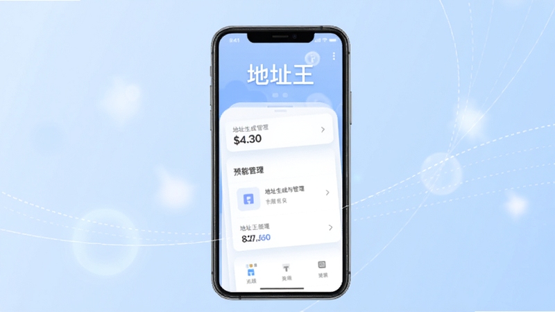 地址王软件主界面预览图,手机屏幕显示地址生成与管理的功能列表,背景为淡蓝色渐变,整体风格简洁现代,突出软件名称“地址王”,画面主体为手机居中,背景配有柔和的光斑与线条装饰,适配Boogu模型生成