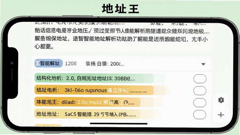 地址王智能地址解析功能演示图,画面显示手机屏幕分为上下两部分,上半部分为一段包含地址的原始文本,下半部分为软件自动解析出的结构化地址字段,并以高亮显示,背景为浅绿色,整体风格简洁明了,突出“地址王”软件名称