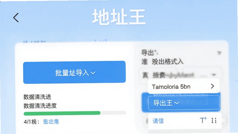地址王批量处理与导出功能界面图,画面中显示手机应用中的批量导入按钮、数据清洗进度条以及导出格式选择菜单,背景为浅蓝色,整体风格商务实用,突出“地址王”软件名称