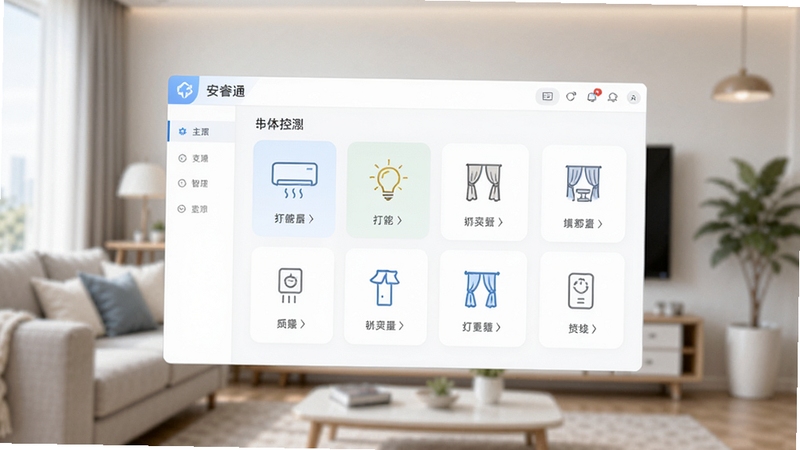 现代简约风格的智能设备管理界面预览图,画面中央是安睿通软件的主控面板,背景为模糊的客厅环境,展示空调、灯光、窗帘等设备图标,整体色调清新明亮,突出软件的一体化控制功能