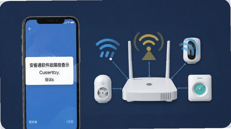 安睿通软件故障排查示意图,手机界面显示网络连接错误的提示框,背景为路由器与智能家居设备,配有信号图标,整体风格简洁,强调解决问题的方法