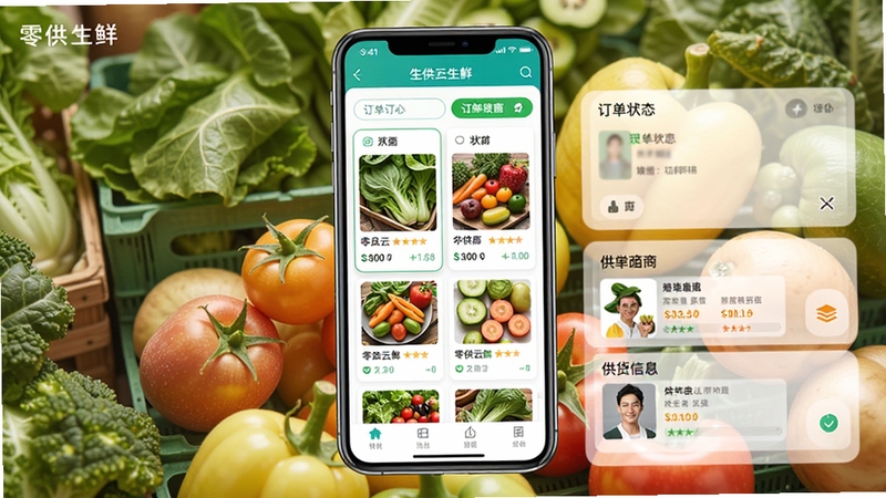 零供云生鲜主界面截图,展示生鲜商品列表、订单状态和供货商信息,画面以新鲜蔬果为背景,手机界面居中显示,整体风格简洁明亮,突出软件在生鲜供应链管理中的核心作用