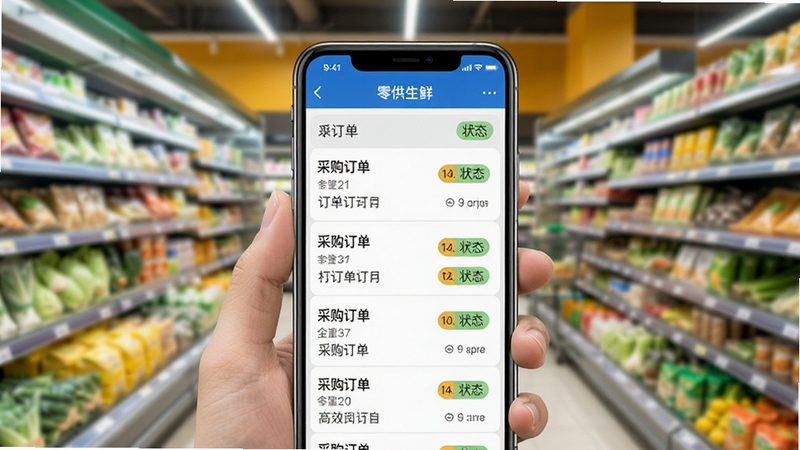 零供云生鲜订单管理功能演示,手机屏幕显示采购订单列表和状态标签,背景为超市货架,画面突出订单流程清晰可见,色调明亮,强调高效协同