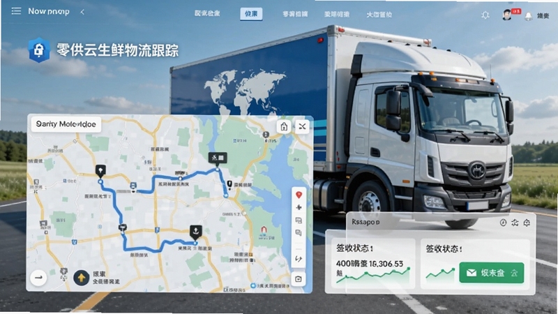 零供云生鲜物流跟踪页面,显示配送路线地图和签收状态,背景为冷链运输车,画面清晰明了,强调全程可视化管理
