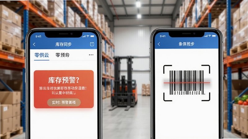 零供云生鲜库存同步功能效果图,展示手机端库存预警提示和条形码扫描界面,背景为仓库货架,画面干净整洁,突出实时性和便捷性
