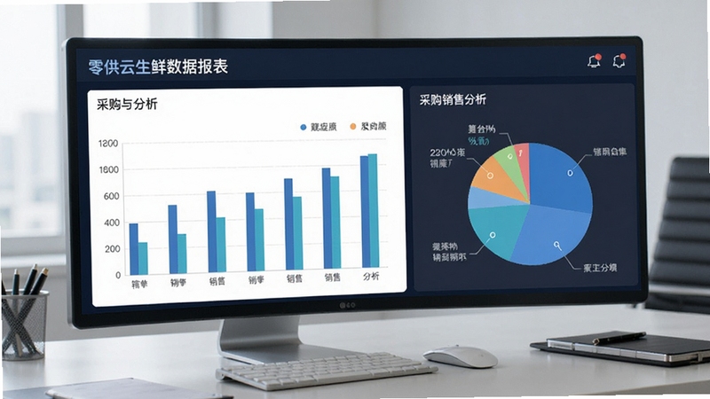 零供云生鲜数据报表界面,展示柱状图和饼图分析采购与销售数据,背景为商务办公桌,画面专业严谨,突出智能分析能力