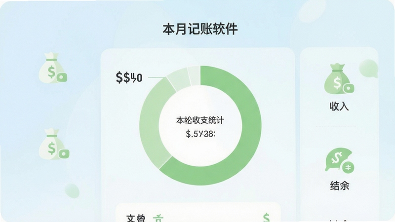 轻松记账软件主界面预览图,画面中央显示本月收支统计环形图,背景为淡蓝色渐变,整体风格简洁明亮,突出记账软件的清爽感,采用扁平化设计,图标为浅绿色钱袋造型,界面布局清晰,文字标签明确标注“收入”、“支出”、“结余”等字样,整体色调以白色和浅绿为主,营造轻松愉悦的视觉氛围,适配Boogu模型生成。